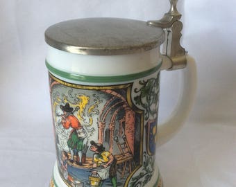 Vintage BMF Bierseidal Milk Glass Stein with Pewter Lid