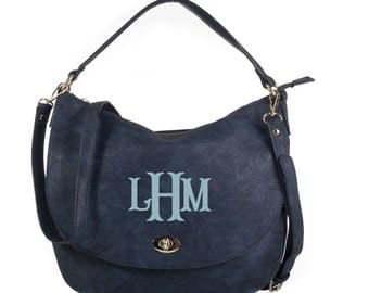 Monogrammed Buckle Hobo Handbag in Navy - The Mandy