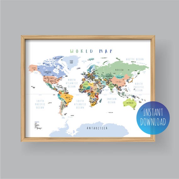 World map with countries PRINTABLE wall art Kid nursery