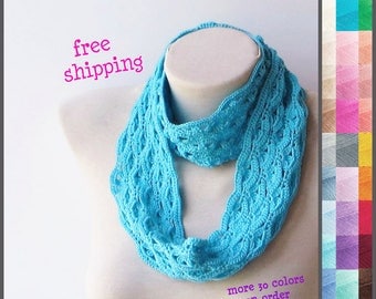 Oversized knit scarf, Blue infinity scarf, Knit loop scarf, Lace infinity scarf, Knit infinity scarf, Floral infinity scarf, 100% Cotton.