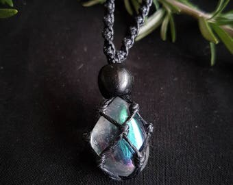 Smokey aura quartz crystal macrame necklace