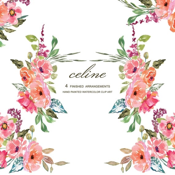 Watercolor Rustic Flower Clipart Pink & Red Floral Arrangement