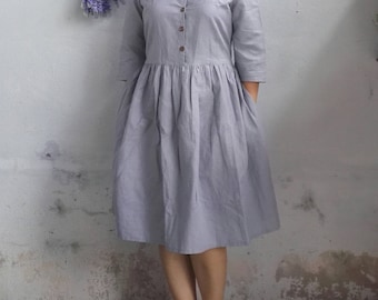 Linen Dress / Classic Peter Pan Collar Linen Dress, Loose Fit Dress, Rustic Dress in Light Grey