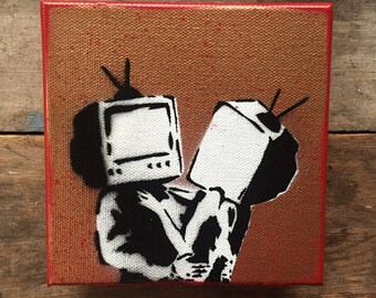 Television Lovers - Spray paint wall art on canvas and vinyl, Hand cut stencil art - Copper and Red