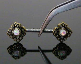 White Opal Tribal Flower Nipple Barbell, Opal Nipple Piercing, 14 Gauge Flower Nipple Barbell Ring, Gold Barbell, H 351