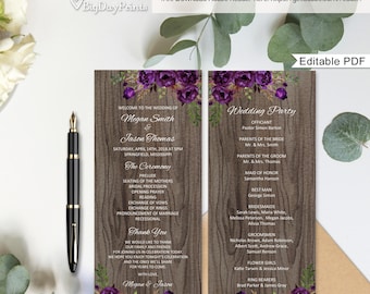Rustic Wedding Program Template, Ceremony Program Printable, Eggplant Wedding Program, Boho Chic, #A044, Instant Download, Editable PDF