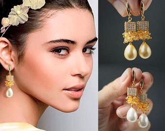 Freshwater Pearls Cubic Zirconia Cube Citrine Gemstones and 925 silver filled ear wires Teardrop Earrings