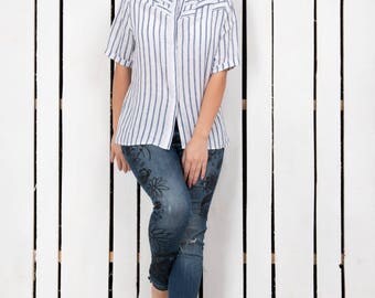 Womens cotton linen button down shirt, plus size womens top, striped womens shirt, womens spring top, womens plus size shirt, linen shirt