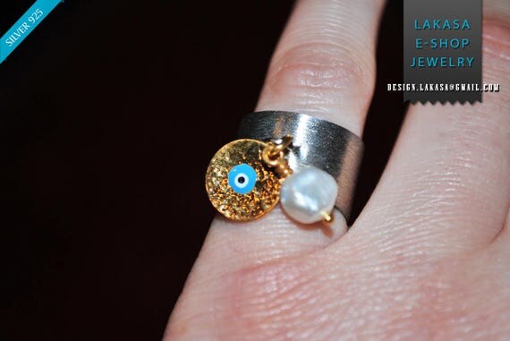 Chevalier Ring Enamel Blue Eye Pearl Handmade Sterling Silver Pearl Jewelry Midi Rings Anniversary Birthday Best idea gifts mother woman