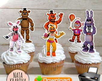 4 files Five Night's At Freddy's Cupcake and Cake Topper Printable - FNAF Birthday Party Supplies - Instant Download