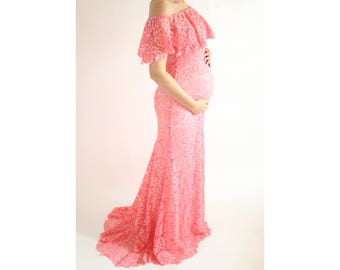DALIA GOWN- Lace Fitted Maternity Gown, Maternity Photo Prop, Coral Maternity Maxi Dress, Baby Shower Dress, Ruffle Off Shoulder Dress