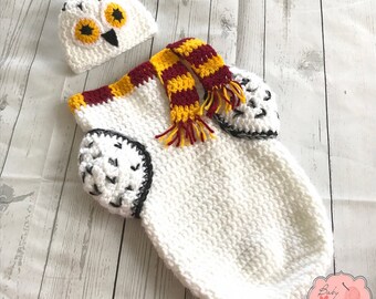 Hedwig Harry Potter Owl Inspired Infant Newborn Baby Outfit Beanie Hat Cocoon Sack Bundle Crochet Photography Photo Prop