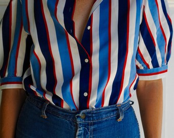 Vintage 1970s ACT III stripped blouse/shirt red, white, and blue polyester