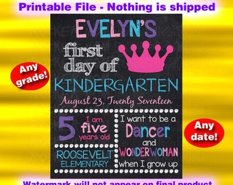 Princess Sign, First Day Of School Chalkboard Sign, Back To School Sign, Kindergarten Sign, Printable Chalkboard Sign, Preschool, Pre-K Girl