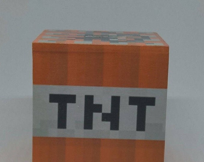 wooden Minecraft inspired tnt moneybox piggy bank