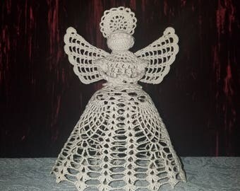 Vintage Handmade Angel Tree Topper, Tea Stained Crochet, 9 inches