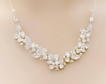 Bridal Silver Rhinestone, Freshwater Pearl, and Swarovski Crystal Wedding Necklace