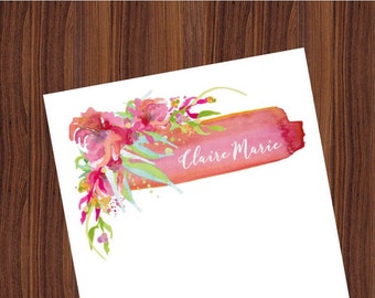 Personalized Notepad, 100 sheets with chipboard backing, pink floral, stationery, flowers, floral, roses, custom notepad