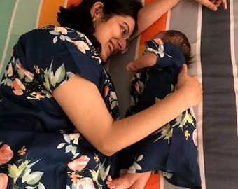 robes hospital baby mommy gown silkandmore maternity twinning matching navy shower mom perfect gift