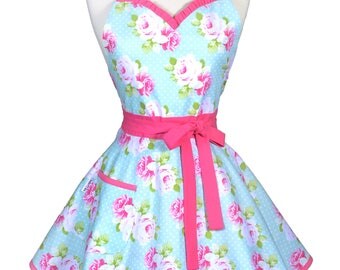 Sweetheart Pinup Womens Apron / 50s Style Tanya Whelan Pink Roses on Soft Aqua Blue Dots Vintage Kitchen Apron with Pocket (FM)