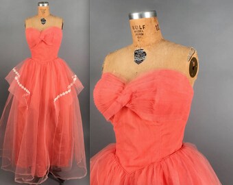 1950s/60s strapless party dress matching bolero • vintage coral pink prom dress • tulle peplum prom dress