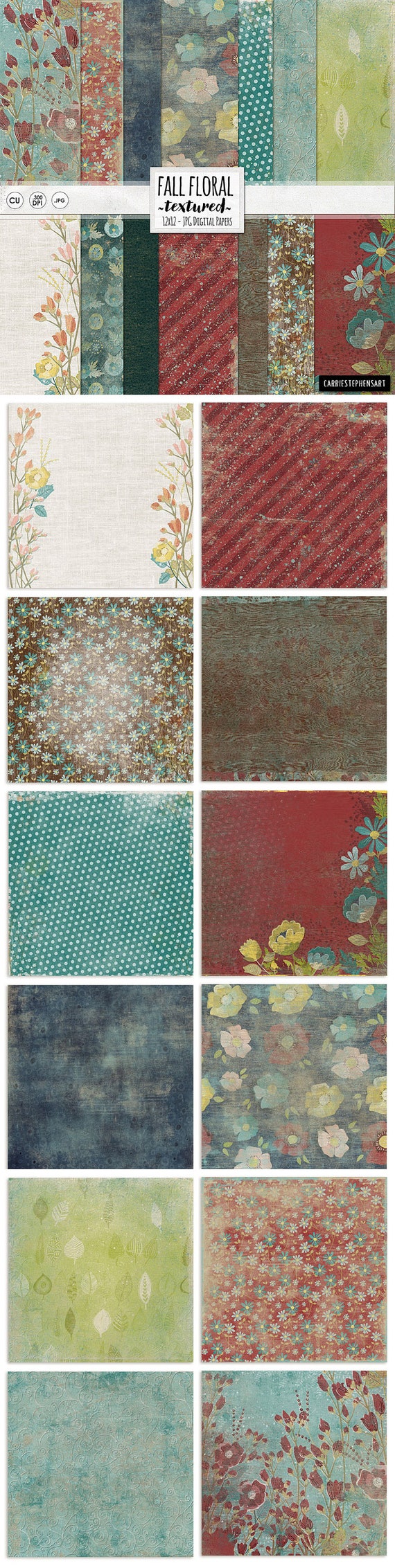 Rustic Floral Digital Papers, Country Cottage Flower Pattern Paper, Textured Backgrounds, Instant Download, Digital Scrapbook Il_570xn
