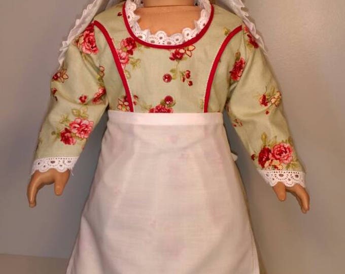 3 piece colonial, revolutionary green floral dress cap and apron for 18 inch dolls