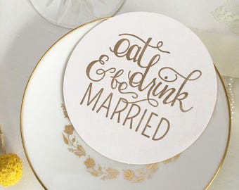Wedding Coasters, Eat Drink and Be Married, Letterpress Wedding Coasters, Silver Coasters, Wedding Table Decor, Table Decoration, Coasters