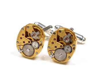 Wedding Cuff Links STRIPED GOLD HAMILTON 780 Watch Cufflinks Groom Steampunk Cufflinks Steampunk Wedding Jewelry by Victorian Curiosities