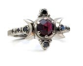 Gothic Garnet Compass Moon Engagement Ring with Black Diamonds