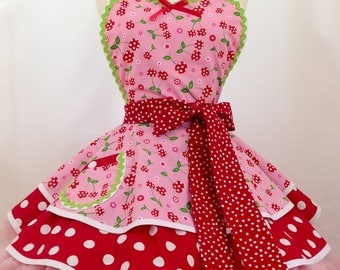 Pink Picnic Party Pin Up Diner Apron, Woman's Apron, Rockabilly - Pick a Cherry