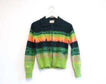 Vintage 1970s Space Dye Sweater | Green and Pink Zip Up 1970s Cardigan | size small