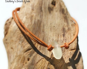 Hawaiian Clear Beach Glass on India Leather Cord Completely Adjustable & Stackable Bracelet