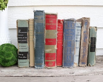 Set of 9 Vintage Books - Antique Book Decor - Photo Props -Wedding Decor- Black, Brown, Navy, Red - Rustic Books - French Country - Old