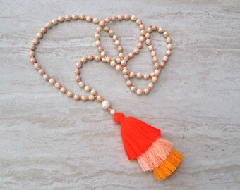 Tassel Stack Necklace Howlite Bead Tassel Necklace Orange Ombre Hand Knot Beaded Tassel Necklace Statement Necklace Layered Tassel Necklace