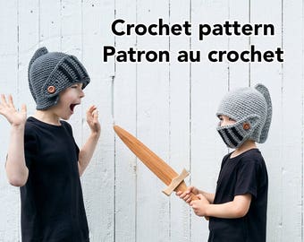 Knight helmet crochet hat pattern for winter in english and french by Akroche Tatuk