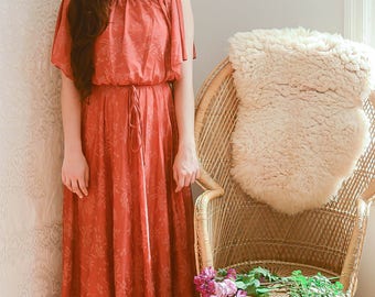 vintage 1970s burnt orange floral pleated maxi dress