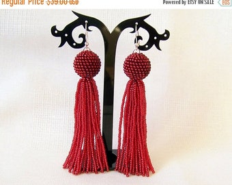 40% SALE 4 inches Shiny Red Beaded tassel earrings - Statement Earrings - Dangle glitter red earrings - Long tassel earrings - Fringe earrin