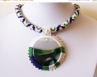 15% SALE Beadwork Bead Embroidery Pendant Necklace with Multi-Color Agate - BLUE GREEN Shores - white statement necklace - modern necklace