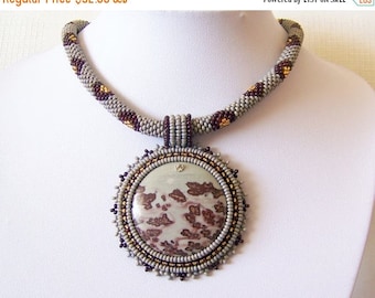 15% SALE Beadwork Bead Embroidery Pendant Necklace with Chohua Jasper - HOPE DANCE - grey brown gold modern necklace - beadwork necklace