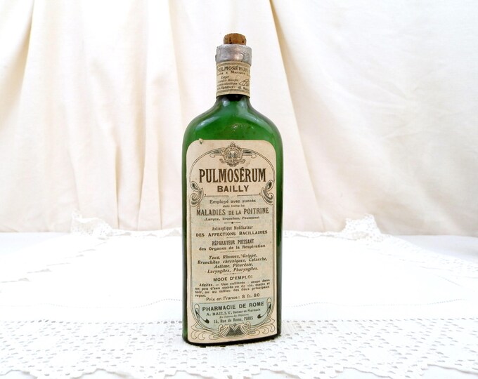 Antique French Cough Syrup "Pulmosérum" Medicine Green Glass Bottle with Original Paper Label from Paris, Apothecary, Belle Epoque France