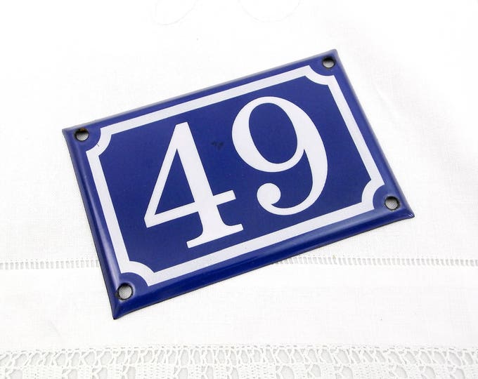 Blue and White Enamel Metal Number Plaque 49, Vintage French House Street Enameled Sign