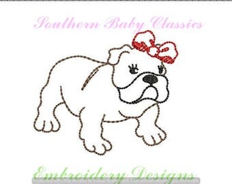 Bulldog Girl Bow Vintage Bean Quick Stitch Line Work Design File for Embroidery Machine Instant Download Girl Hand Stitched Look