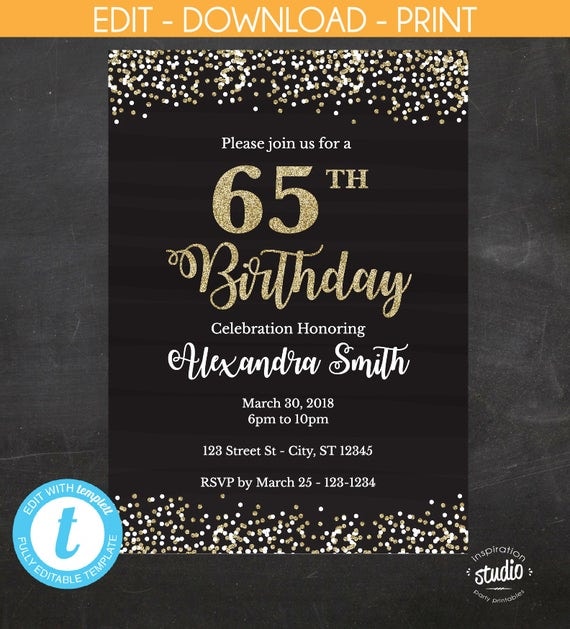 65th Birthday Invitation, 65th Birthday Invite, Black and gold glitter
