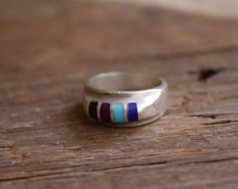 Vintage Inlay Ring - Blue purple black, Mexico Silver Ring, Size 9 Silver Ring