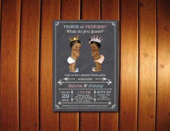 Prince or Princess? Gender Reveal Invitation Printable • African American • Ties or Tutus Baby Shower • Royal Il_570xn