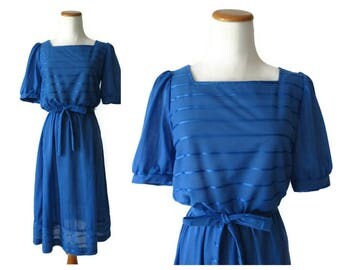 Royal Blue Dress 80s Secretary Blouson Dress Striped Midi 1980s Size Small S Stranger Things Costume Glow Cosplay