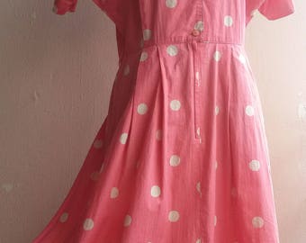 S - M - 70s Day Dress - Summer Cotton Polka Dot Dress - Pink Cream - Japanese Vintage