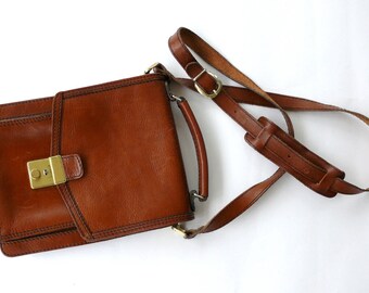 French Vintage Brown Leather Messenger Bag, Mans Leather Shoulder Bag, Tan Brown Leather Satchel, French Purse