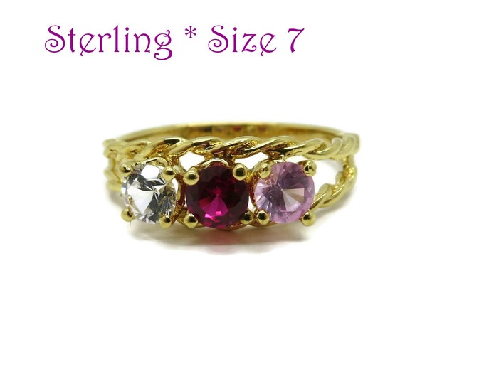 Vintage Sterling Silver Multi Stone Ring, Gold Plated Faux Gemstone Sample Ring, Size 7